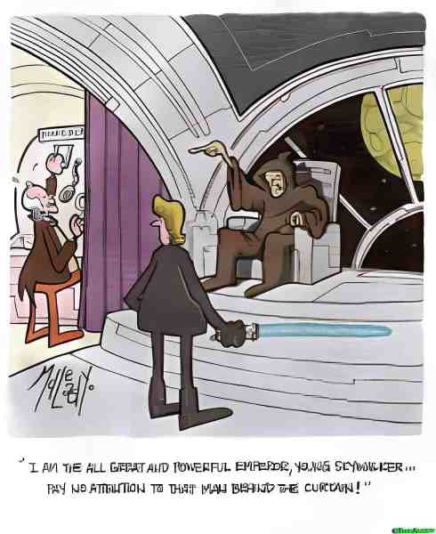 Cartoon parody of Star Wars scene with characters and dialogue.